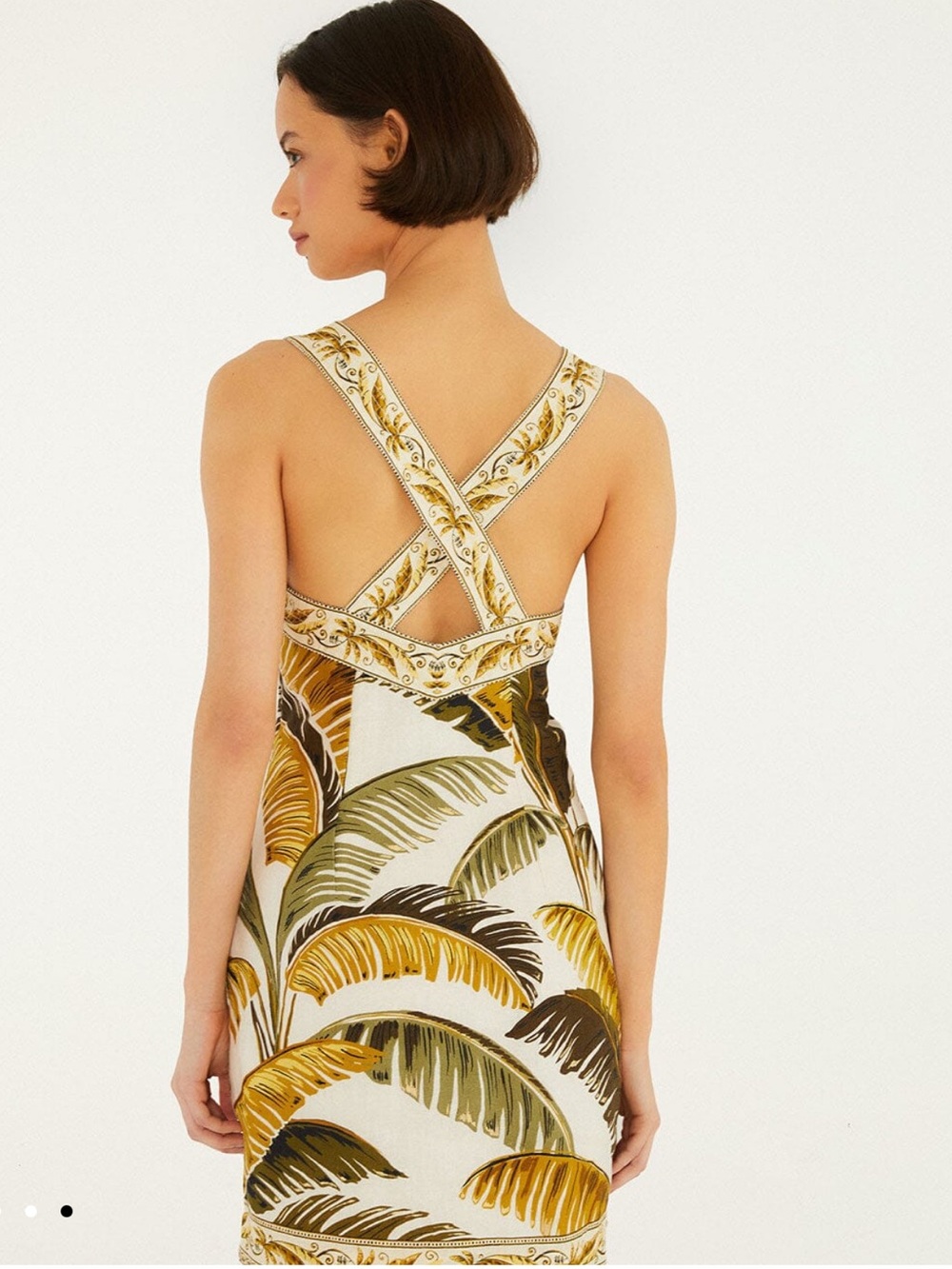 FARM Rio Sleeveless Tropical Leaf Print Cross-Back Dress in Pure Linen, Large